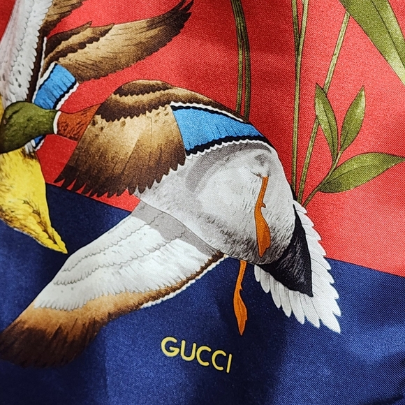 Gucci Accessories - Vintage GUCCI Italy Silk Scarf RARE “Ducks in Flight” Red Navy Wildlife Hunting